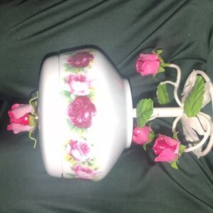 Available - Vintage Porcelain lidded candy dish on metal rose stand. 9" Tall